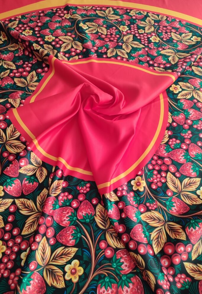 Ткань Хохлома с клубникой для юбки солнца на красном Атлас, Креп-сатин, Сатен, Габардин и др. основы ширина 150 см